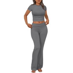 imageTrendy Queen Lounge Sets For Women 2 Piece Casual Y2K Outfits Short Sleeve Cropped Tops Fold Over Flare Pants TracksuitsDarkgrey