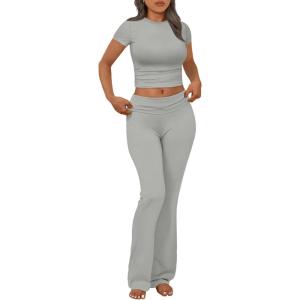 imageTrendy Queen Lounge Sets For Women 2 Piece Casual Y2K Outfits Short Sleeve Cropped Tops Fold Over Flare Pants TracksuitsGrey