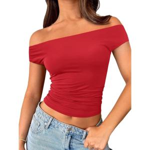 imageTrendy Queen Off The Shoulder Tops for Women Going Out Y2K Summer Cute Shirts Sexy 2025 Double Lined Spring Club OutfitsRed