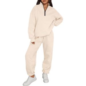 imageTrendy Queen Womens 2 Piece Outfits Long Sleeve Sweatsuits Half Zip Sweatshirts with Fleece Joggers SweatpantsApricot