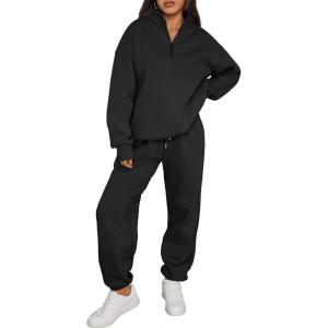 imageTrendy Queen Womens 2 Piece Outfits Long Sleeve Sweatsuits Half Zip Sweatshirts with Fleece Joggers SweatpantsBlack