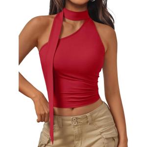 imageTrendy Queen Womens Going Out Summer One Shoulder Halter Crop Top 2025 Fashion Sexy Tie Shirts Cute ClothesRed
