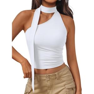 imageTrendy Queen Womens Going Out Summer One Shoulder Halter Crop Top 2025 Fashion Sexy Tie Shirts Cute ClothesWhite