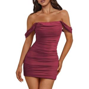imageTrendy Queen Womens Mesh Off The Shoulder Ruched Mini Dresses Summer Party Bodycon Short DressWine Red