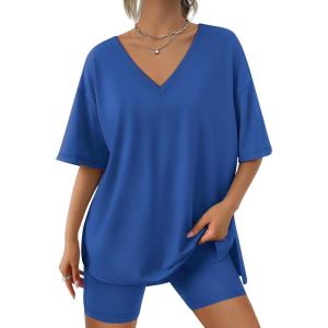 imageTrendy Queen Womens Two Piece Lounge Sets Summer Outfits 2025 Spring Fashion Vacation Tops Shorts Matching TracksuitsBlue