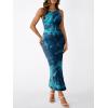 imageTrendy Queen Bodycon Maxi Dress Womens Sleeveless Floral Print Fitted Party Club Ruched Dresses with Side SlitBlue