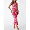 imageTrendy Queen Bodycon Maxi Dress Womens Sleeveless Floral Print Fitted Party Club Ruched Dresses with Side SlitPink