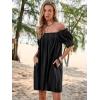 imageWomen Summer Mini Dress Casual Puff Short Sleeve Square Neck Flowy Ruffle A Line Smocked Short Beach Dresses PocketsBlack