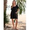 imageWomen Summer Mini Dress Casual Puff Short Sleeve Square Neck Flowy Ruffle A Line Smocked Short Beach Dresses PocketsBlack