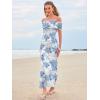 imageWomens Mesh Floral Maxi Dress 2025 Summer Off The Shoulder Ruched Bodycon Long Cocktail Party Fitted DressesBlue Flower