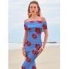 imageWomens Mesh Floral Maxi Dress 2025 Summer Off The Shoulder Ruched Bodycon Long Cocktail Party Fitted DressesRed Flower