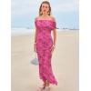 imageWomens Mesh Floral Maxi Dress 2025 Summer Off The Shoulder Ruched Bodycon Long Cocktail Party Fitted DressesRose Pink