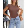 imageWomens Ruffle Short Sleeve Summer Tops Casual Slim Fit Ribbed Knit Tank Blouses 2025 Trendy Going Out T ShirtsBrown