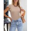 imageWomens Ruffle Short Sleeve Summer Tops Casual Slim Fit Ribbed Knit Tank Blouses 2025 Trendy Going Out T ShirtsLight Brown