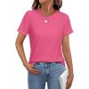 imageWomens Short Sleeve Tops Pleated Crewneck Loose Fit T Shirt Business Casual Dressy Work Shirts 2025 Summer BlousesHot Pink