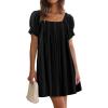 imageWomen Summer Mini Dress Casual Puff Short Sleeve Square Neck Flowy Ruffle A Line Smocked Short Beach Dresses PocketsBlack