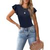 imageWomens Ruffle Short Sleeve Summer Tops Casual Slim Fit Ribbed Knit Tank Blouses 2025 Trendy Going Out T ShirtsNavy