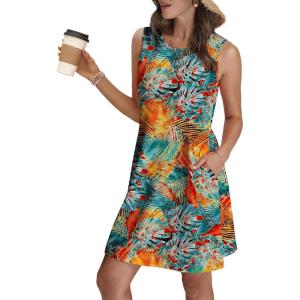 imageSAMPEEL Summer Dresses for Women 2025 Eyelet Sleeveless Sundresses Tank Dresses with PocketsFlora Coconut Tree