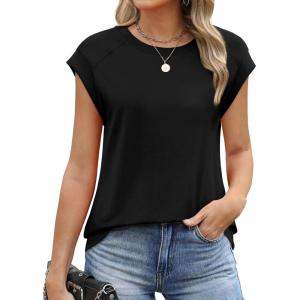 imageSAMPEEL Womens Tops Summer Dressy Casual Raglan Cap Sleeve T Shirts Basic Tee Shirts Trendy 2025All Black