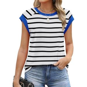 imageSAMPEEL Womens Tops Summer Dressy Casual Raglan Cap Sleeve T Shirts Basic Tee Shirts Trendy 2025Black Stripe