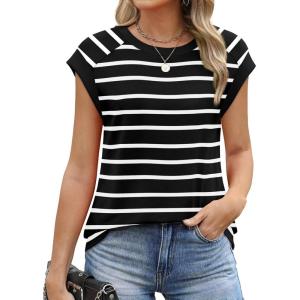 imageSAMPEEL Womens Tops Summer Dressy Casual Raglan Cap Sleeve T Shirts Basic Tee Shirts Trendy 2025Black White Stripe
