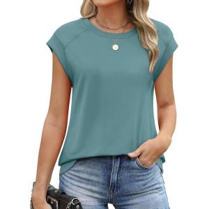 imageSAMPEEL Womens Tops Summer Dressy Casual Raglan Cap Sleeve T Shirts Basic Tee Shirts Trendy 2025Teal