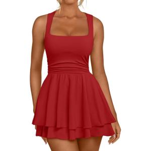 imageTrendy Queen Womens Square Neck Summer Party Flowy Ruffle Hem Ruched Waist Mini DressRed