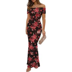 imageWomens Mesh Floral Maxi Dress 2025 Summer Off The Shoulder Ruched Bodycon Long Cocktail Party Fitted DressesBlack
