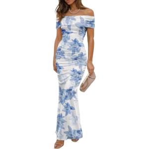 imageWomens Mesh Floral Maxi Dress 2025 Summer Off The Shoulder Ruched Bodycon Long Cocktail Party Fitted DressesBlue Flower