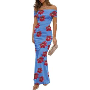 imageWomens Mesh Floral Maxi Dress 2025 Summer Off The Shoulder Ruched Bodycon Long Cocktail Party Fitted DressesRed Flower