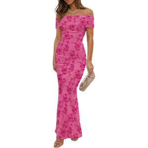 imageWomens Mesh Floral Maxi Dress 2025 Summer Off The Shoulder Ruched Bodycon Long Cocktail Party Fitted DressesRose Pink