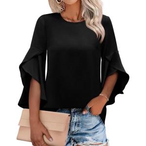 imageWomens Ruffle 34 Length Sleeve Tops 2025 Trendy Summer Dressy Casual Chiffon Blouses Loose Fit Work ShirtsBlack