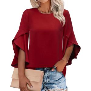 imageWomens Ruffle 34 Length Sleeve Tops 2025 Trendy Summer Dressy Casual Chiffon Blouses Loose Fit Work ShirtsRed