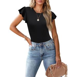 imageWomens Ruffle Short Sleeve Summer Tops Casual Slim Fit Ribbed Knit Tank Blouses 2025 Trendy Going Out T ShirtsBlack