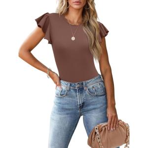 imageWomens Ruffle Short Sleeve Summer Tops Casual Slim Fit Ribbed Knit Tank Blouses 2025 Trendy Going Out T ShirtsBrown