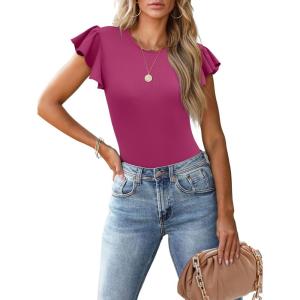 imageWomens Ruffle Short Sleeve Summer Tops Casual Slim Fit Ribbed Knit Tank Blouses 2025 Trendy Going Out T ShirtsHot Pink