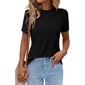 imageWomens Short Sleeve Tops Pleated Crewneck Loose Fit T Shirt Business Casual Dressy Work Shirts 2025 Summer BlousesBlack