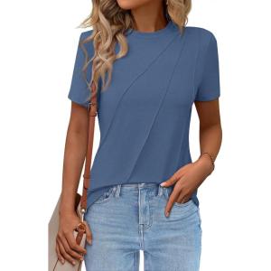 imageWomens Short Sleeve Tops Pleated Crewneck Loose Fit T Shirt Business Casual Dressy Work Shirts 2025 Summer BlousesBlue