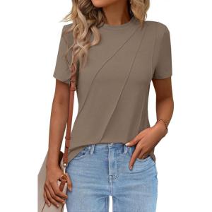 imageWomens Short Sleeve Tops Pleated Crewneck Loose Fit T Shirt Business Casual Dressy Work Shirts 2025 Summer BlousesBrown