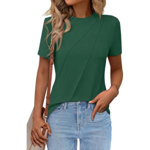 imageWomens Short Sleeve Tops Pleated Crewneck Loose Fit T Shirt Business Casual Dressy Work Shirts 2025 Summer BlousesGreen
