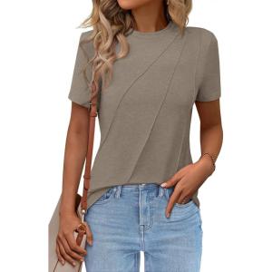 imageWomens Short Sleeve Tops Pleated Crewneck Loose Fit T Shirt Business Casual Dressy Work Shirts 2025 Summer BlousesGrey