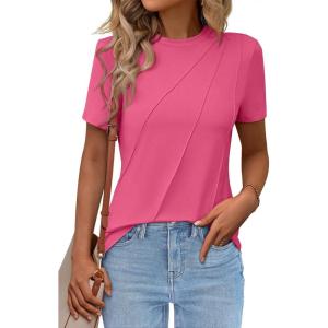 imageWomens Short Sleeve Tops Pleated Crewneck Loose Fit T Shirt Business Casual Dressy Work Shirts 2025 Summer BlousesHot Pink