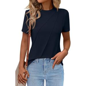 imageWomens Short Sleeve Tops Pleated Crewneck Loose Fit T Shirt Business Casual Dressy Work Shirts 2025 Summer BlousesNavy