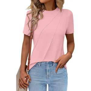 imageWomens Short Sleeve Tops Pleated Crewneck Loose Fit T Shirt Business Casual Dressy Work Shirts 2025 Summer BlousesPink