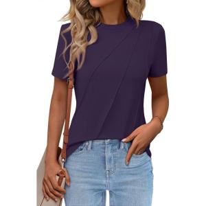 imageWomens Short Sleeve Tops Pleated Crewneck Loose Fit T Shirt Business Casual Dressy Work Shirts 2025 Summer BlousesPurple