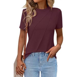 imageWomens Short Sleeve Tops Pleated Crewneck Loose Fit T Shirt Business Casual Dressy Work Shirts 2025 Summer BlousesWine Red
