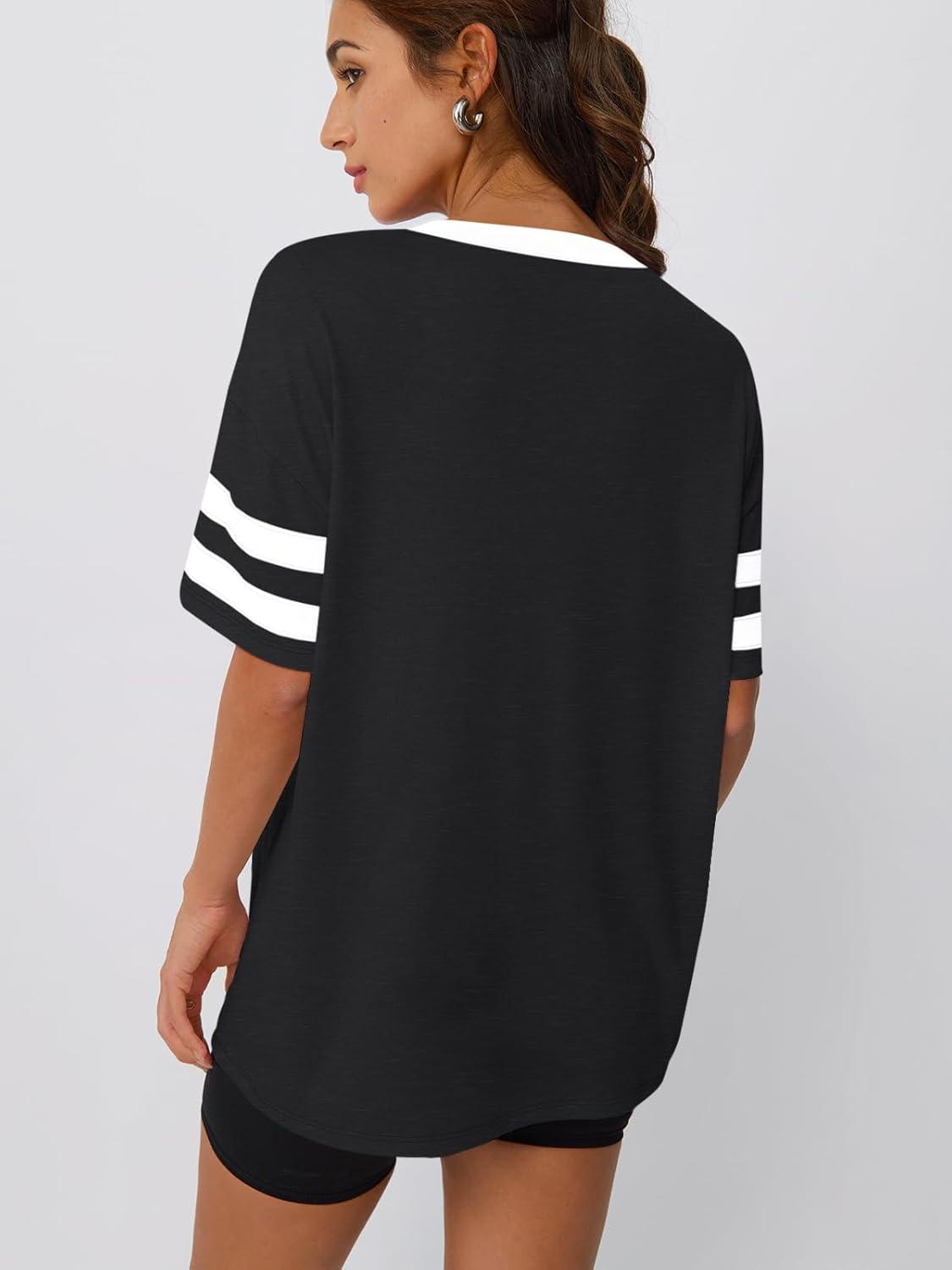 imageTrendy Queen Oversized TShirts for Women Short Sleeve V Neck Workout Summer Tops Casual Loost Fit Y2K Color Block TeesBlack