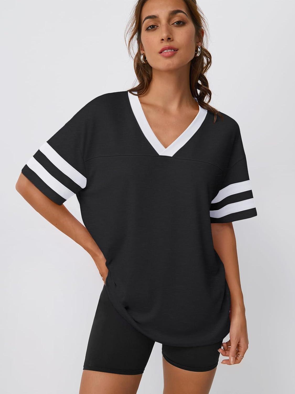 imageTrendy Queen Oversized TShirts for Women Short Sleeve V Neck Workout Summer Tops Casual Loost Fit Y2K Color Block TeesBlack