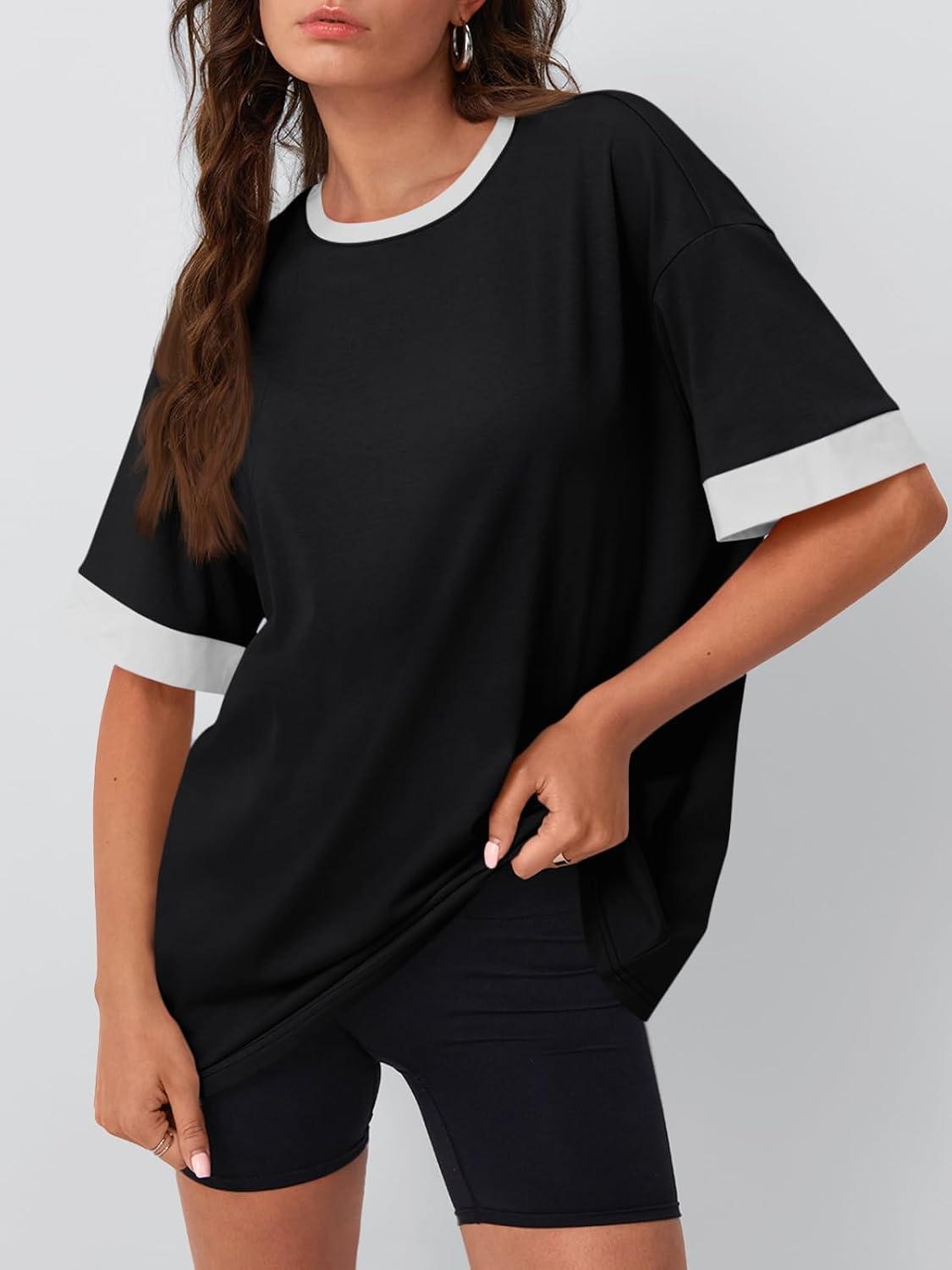 imageTrendy Queen Oversized Tshirts for Women Plus Size Summer Tops 2025 Workout Short Sleeve Shirts Color Block TeesBlack