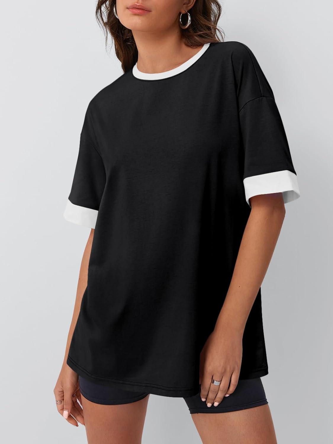 imageTrendy Queen Oversized Tshirts for Women Plus Size Summer Tops 2025 Workout Short Sleeve Shirts Color Block TeesBlack